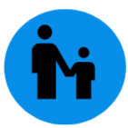 Blue circle with black icon of a person and child holding hands